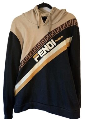 RARE Fendi x Fila Monogram Hidden Pocket Black / Beige Hoodie XXL